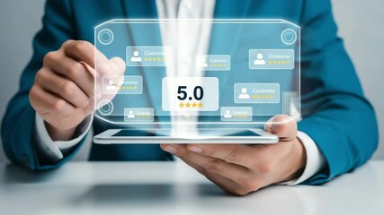 Poster - Man in suit interacting with digital interface showing customer reviews on a tablet device screen