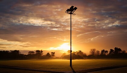 Wall Mural - silhouette of outdoor light pole in empty local sport park with dramatic sky in the sunrise morning