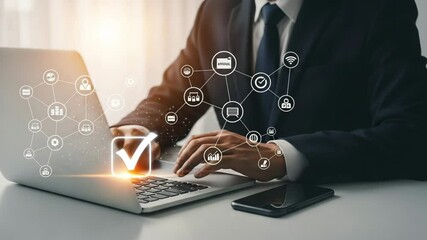 Poster - Man in suit using laptop with checkmark and network icons overlaying the screen and a smartphone beside
