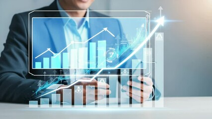 Poster - Businessman analyzing financial growth charts on a digital screen in a modern office space