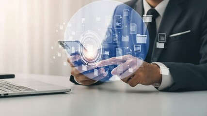 Poster - Businessman using smartphone with document icons and laptop on desk in bright office setting