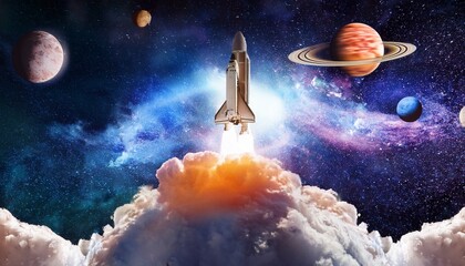 Wall Mural - a rocket soars through colorful cosmos passing swirling clouds and distant planets