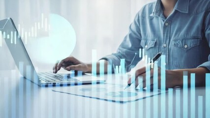 Poster - Person analyzing stock market data with laptop and pen on desk with overlaid graph visualization