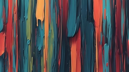 Poster - Abstract painting featuring vertical brushstrokes in shades of orange, teal, and red hues