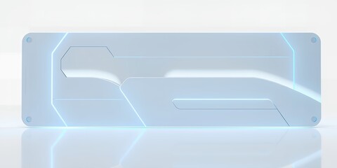 Poster - A rectangular object with geometric shapes and blue neon lines on a white reflective surface