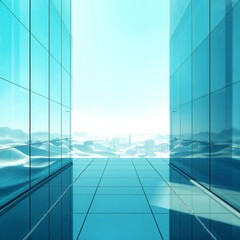 Poster - A futuristic hallway with blue glass walls and a distant city skyline in a bright setting