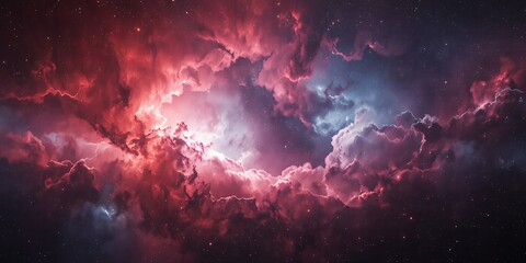 Poster - A vibrant nebula with swirling clouds of red and pink illuminated by distant stars and light
