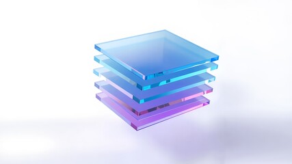 Poster - A stack of translucent square glass panes with blue and purple gradients on a white background