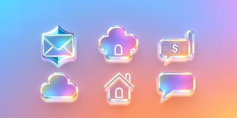 Poster - Iridescent glass icons including an envelope cloud house and speech bubbles on gradient background