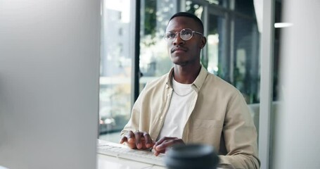 Leinwandbilder - Black man, computer or typing in office for networking, business research or editing article. Creative writer, SEO or employee with technology for news search, latest trends information or connection