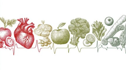 Aufkleber - Healthy Food Icons Creating a Pulse Line Design Representing Vitality and Wellness