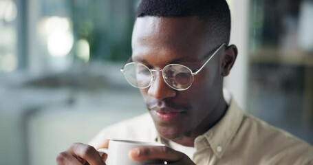 Aufkleber - Happy, business and black man with coffee in office on break for working, planning and project. Professional consultant, creative worker and person with drink, beverage and satisfaction for career