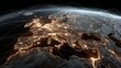 © lolipop - Aerial view of europe at night showing city lights and flight paths from space perspective rendering