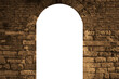 © Maxim Chuev - front view of ancient historical gate door frame window with architectural stone arcade archway and surrounding wall under bridge as background. white mockup mock up mock-up  template blank empty