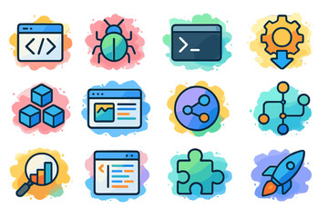 Colorful tech icons: software, data, debugging, analysis, development