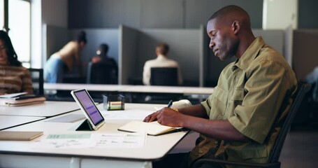 Poster - Man, writing and notebook with tablet in office for research, financial plan and online report. Male person, coworking space and screen with notes, reminder and information of profit growth at agency