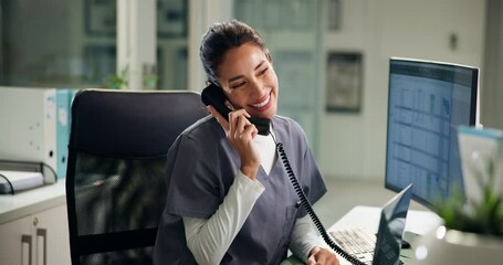 Fototapete - Happy woman, nurse and secretary with phone call at hospital for medical emergency or appointment. Female person, administrator or healthcare receptionist with smile on telephone for schedule visit
