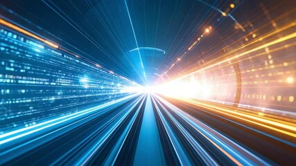 Data stream speeds through futuristic tunnel; glowing code lines; bright light at end; digital tech concept