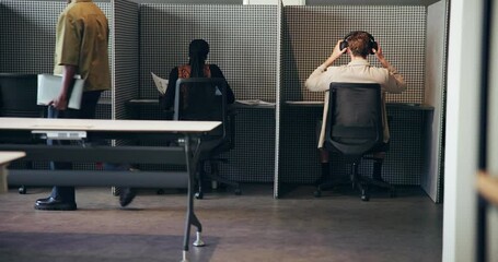 Poster - Business people, cubicle and coworking office with back view, productivity and employees working. Documents, headphones and corporate workers by desk, shared workspace and busy with efficiency