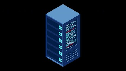 Fototapete - Data center server box. Hosting server or data center room concept. Isometric hardware server case cabinet. 4K seamless loop animation. Transparent background with alpha channel
