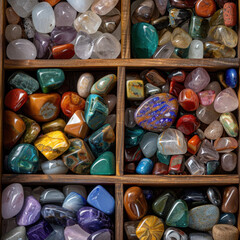 Aufkleber - closeup of polished gemstones in wooden box, showcasing vibrant array of colors and textures, evokin