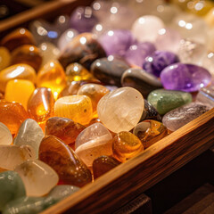 Aufkleber - closeup of polished gemstones in wooden box, showcasing variety of colors and shapes, creating vibra