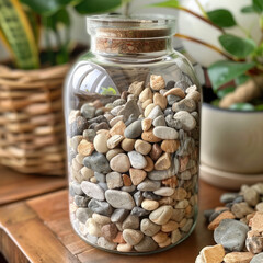 Poster - Clear glass jar filled with collection of small stones and pebbles, showcasing various colors and textures. jar is placed wooden surface, surrounded by greenery, creating serene and natural