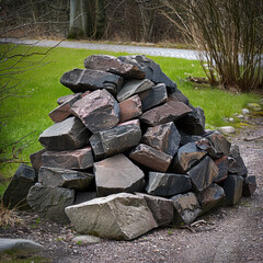 Poster - Pile of rough stones used for road construction sits on gravel path surrounded by lush green grass and trees, creating natural yet structured landscape