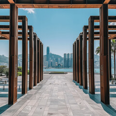 Poster - Stunning view framed by tall steel pillars, showcasing vibrant city skyline with modern skyscrapers and serene waterfront. scene evokes sense of tranquility and urban beauty