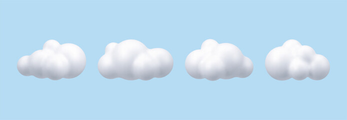 Aufkleber - Four white fluffy cartoon 3d clouds floating against a light blue clear sky backdrop. Rendered vector illustration for weather concept.