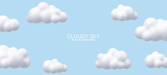 Aufkleber - Cartoon fluffy white clouds illustration on a light blue background. Minimalist sky with comic-style puffy 3d render cloud for ui. Vector graphics. 