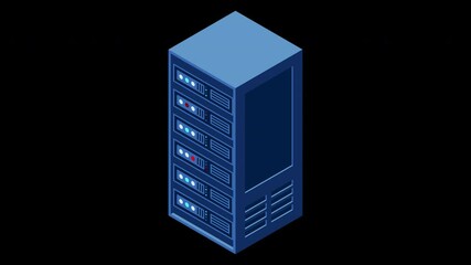 Fototapete - Data center server box. Hosting server or data center room concept. Isometric hardware server case cabinet. 4K seamless loop animation. Transparent background with alpha channel