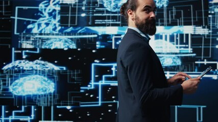Poster - IT specialist interacting with digital AI neural networks for deep learning and algorithmic thinking, ensuring smart tech innovation and future development strategy with science. Camera B.