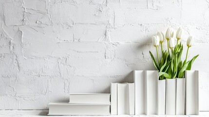 Poster - Simple white backdrop with a poetic arrangement of tulips growing through white books