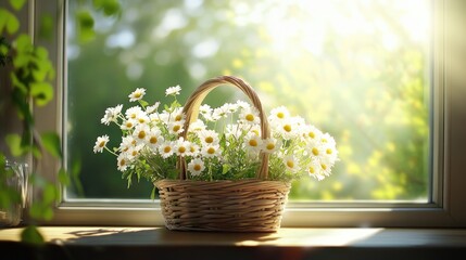 Poster - Morning light filtering over a basket of daisies on a kitchen windowsill