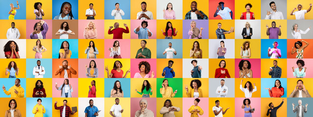 Poster - A lively collection of diverse individuals showcases various facial expressions and gestures against colorful backgrounds. Each person brings unique energy, celebrating multiracial unity.