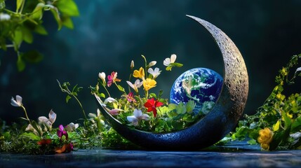 Fototapete - Earth sits gently in a metallic moon-shaped holder with blooming flowers draping over its curve, ethereal backdrop