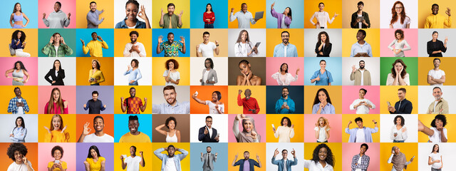 Poster - A collection of diverse individuals expressing various emotions and lifestyles stands against bright, colorful backgrounds. Each person showcases unique attributes contributing to a vibrant collage.