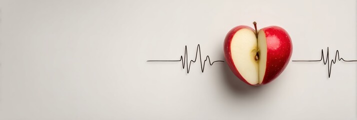Poster - Red Apple Sliced Into Heart Shape With Heartbeat Line Symbolizing Love for Health and Wellness