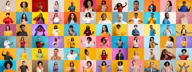 Poster - A vibrant collage features a multitude of diverse individuals expressing joy and unity. Each person displays unique styles and backgrounds against bright, colorful backdrops, celebrating diversity.