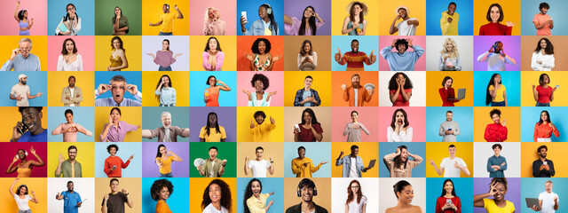 Poster - A vibrant collection showcases diverse individuals, each portraying unique emotions and personalities against colorful backgrounds.