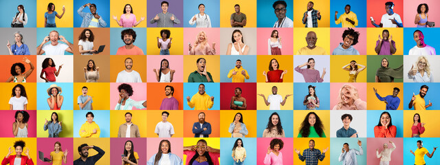 Poster - A lively collection showcases diverse faces from various backgrounds, each portraying emotion and individuality against colorful backdrops.