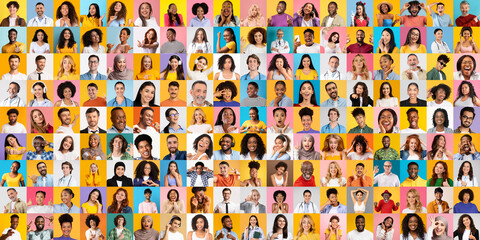 Poster - A collection of portraits showcases people from various backgrounds smiling and expressing joy. This colorful set represents the essence of unity and diversity in a modern lifestyle.