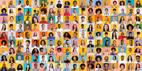 Poster - Faces of various backgrounds are displayed in a vibrant collage. Each person wears distinct styles, highlighting individuality and the beauty of diversity in a lively setting.