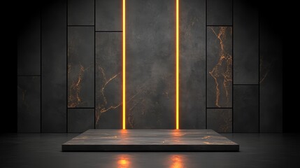 Aufkleber - Black and orange wall with a black and orange floor. The wall is made of stone and the floor is made of marble. The wall has a modern and industrial look to it