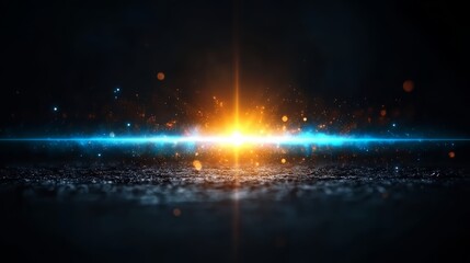 Poster - Bright light is shining on a dark background. The light is surrounded by a blue and orange glow