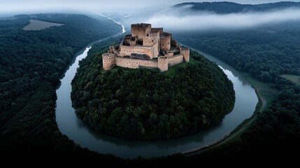 Poster - Castle is on top of a hill next to a river. The castle is surrounded by trees and the river is flowing through the valley. The scene is peaceful and serene, with the castle