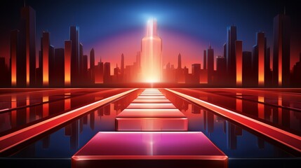 Aufkleber - City skyline with a large building in the middle and a red and blue background. The city is lit up at night, giving it a vibrant and energetic atmosphere