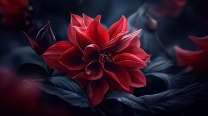Poster - Close up of a red flower with a dark background. The flower is the main focus of the image, and it is the most vibrant and beautiful part of the scene. The dark background adds a sense of depth
