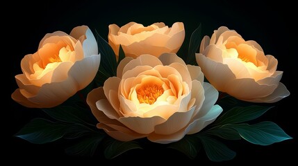 Poster - Close up of four white flowers with a black background. The flowers are lit up and appear to be glowing. Concept of warmth and serenity, as the soft light of the flowers illuminates the scene